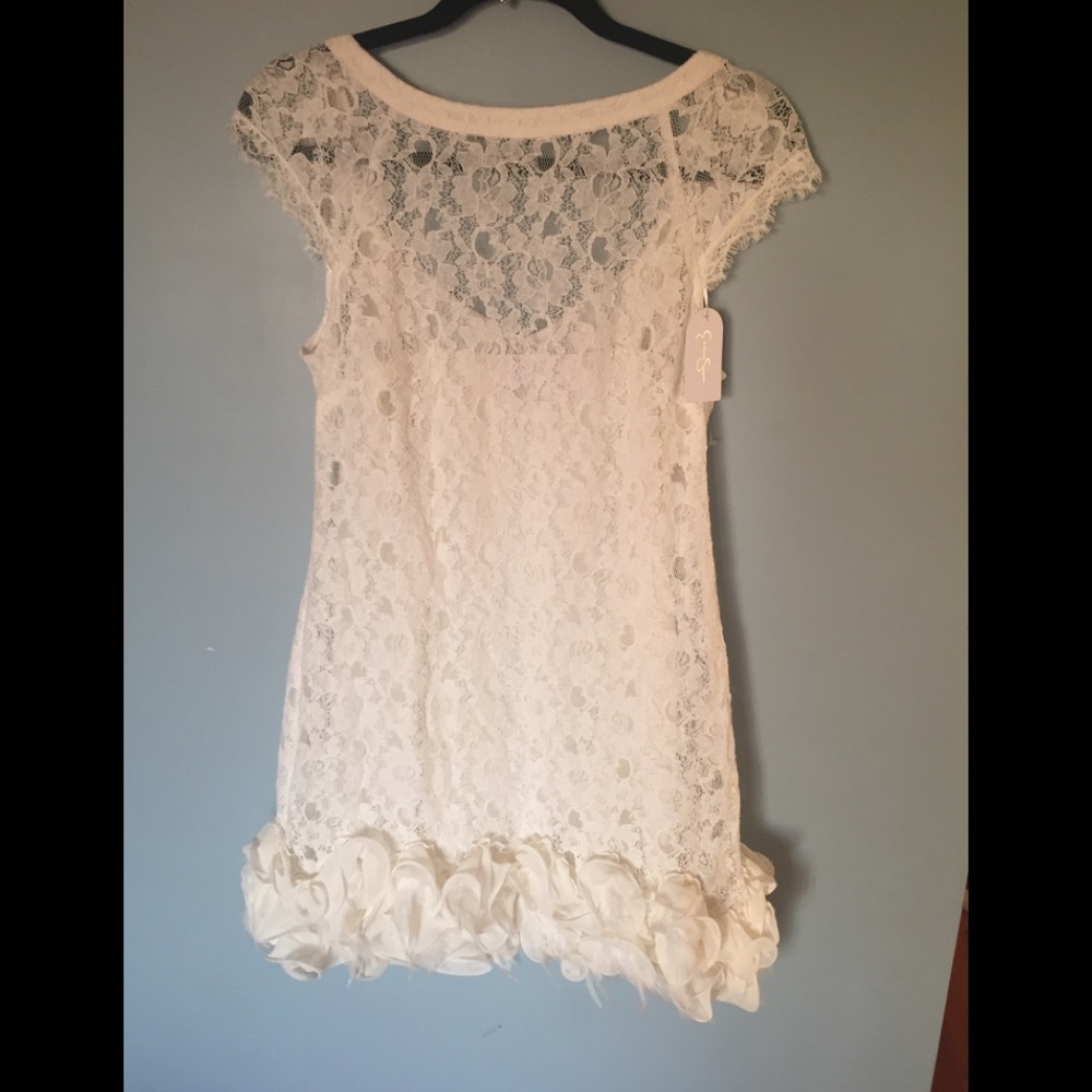 Cream lace and feather mini dress